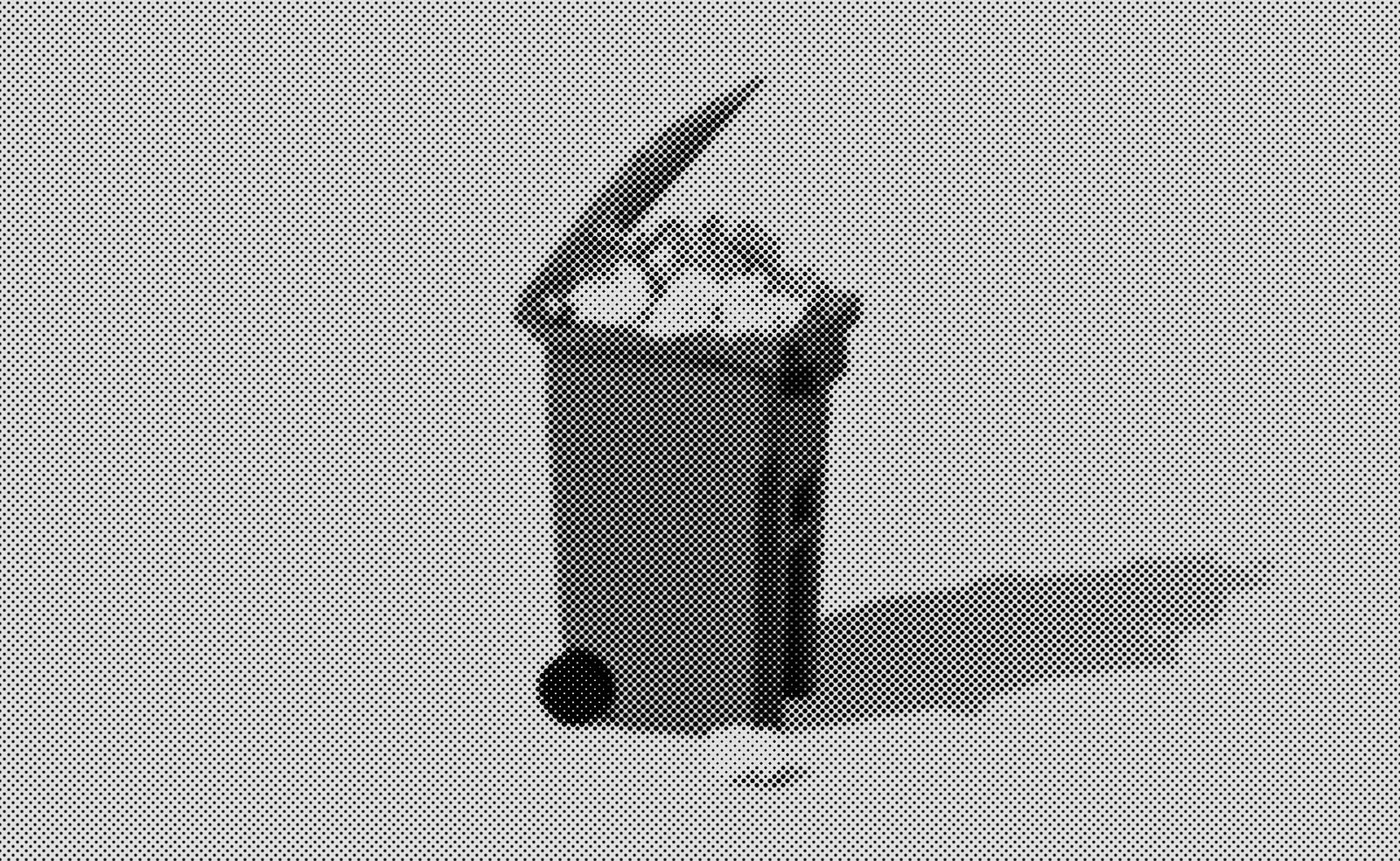 A wheelie bin with its lid flipped open, rendered as a coarse halftone