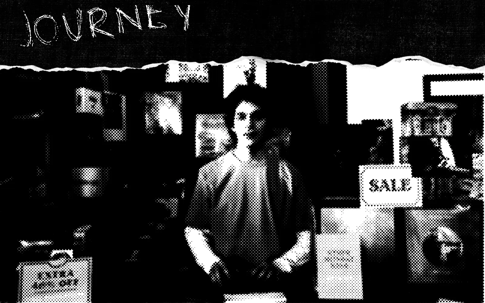 A record store clerk behind the counter under a sale sign
